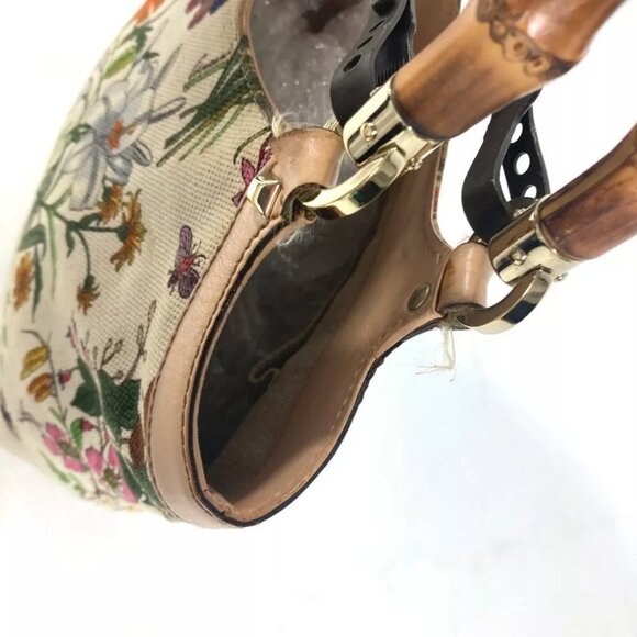 GUCCI 140203 Flora Bamboo Floral Flower Bag Tote Bag Hand Bag Canvas Multicolore - Picture 12 of 16